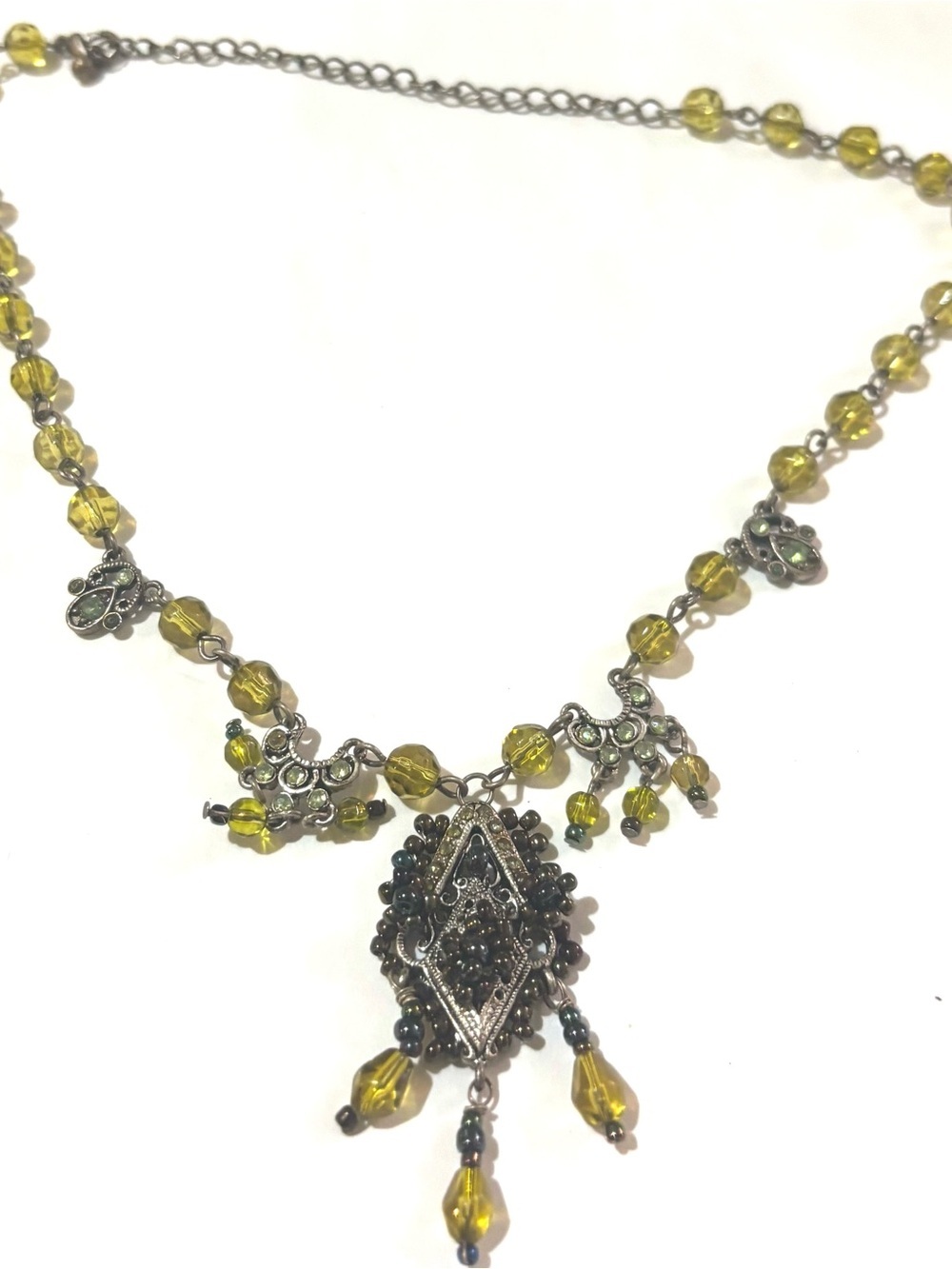 Vintage Yellow Beaded Pendant Necklace with Silver-Tone Filigree